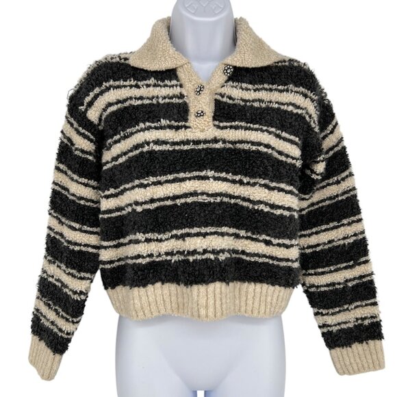 Maeve Anthropologie Polo Striped Button-Up Sweater Black Cream Size XXS - Picture 1 of 9